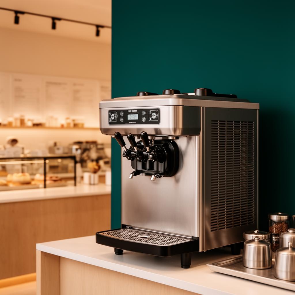 Professional stainless steel soft serve ice cream machine in a stylish food shop